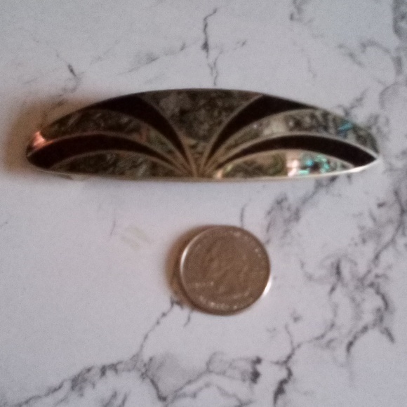 Vintage Alpaca Mexico Black Enamel and Abalone Inlay Barrette - Picture 5 of 6